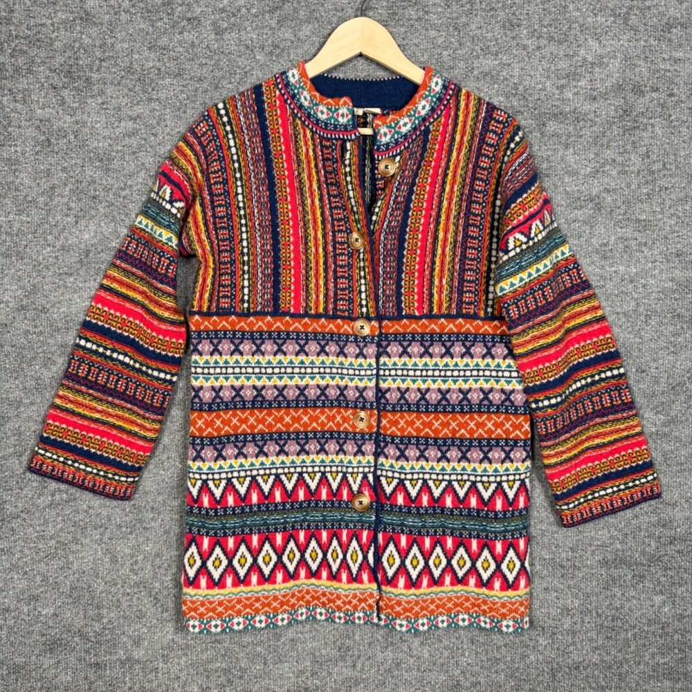 Anthropologie Moth Size XS Cardigan Sweater Brown Wool Livia Intarsia Patchwork